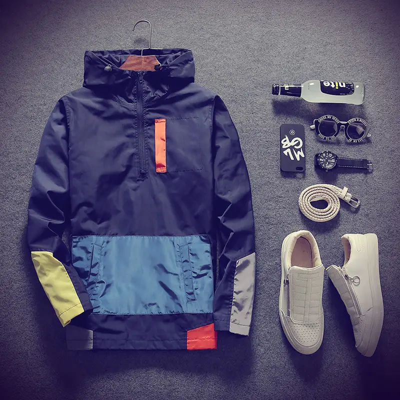 Men Hoodie Color Block Zipper Long Sleeve Autumn Spring