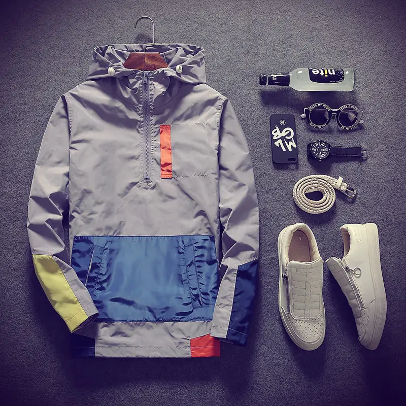 Men Hoodie Color Block Zipper Long Sleeve Autumn Spring
