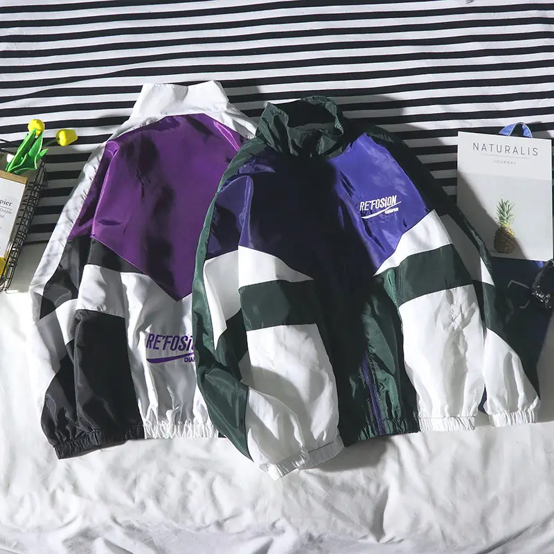 Men Women Color Block Track Jacket Purple Green White