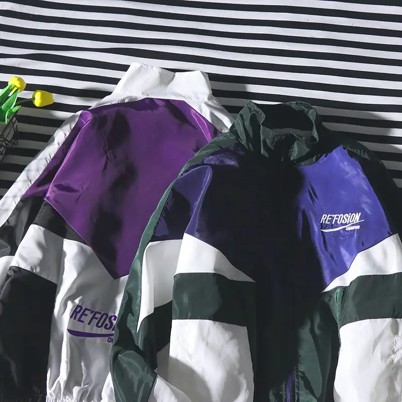 Men Women Color Block Track Jacket Purple Green White