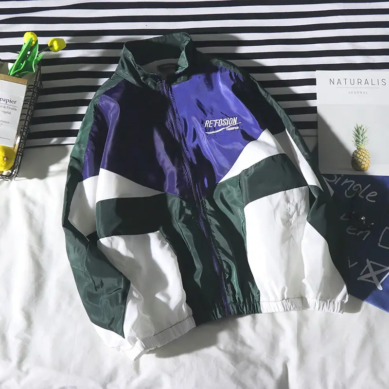 Men Women Color Block Track Jacket Purple Green White