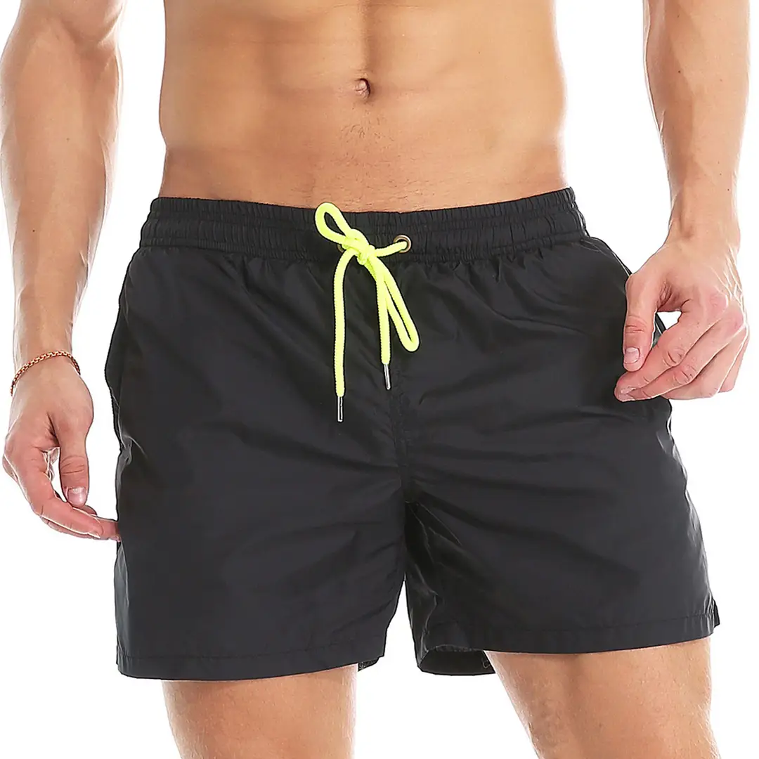 Men Blue Quick-Dry Beach Shorts with Neon Drawstring