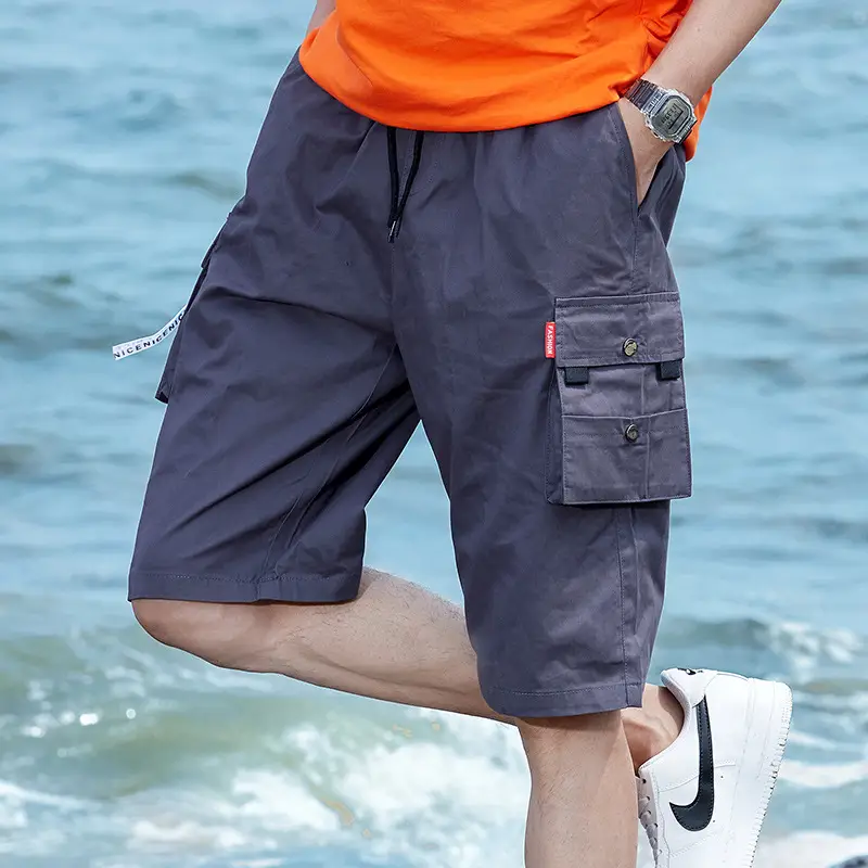 Men Black Cargo Shorts Summer Loose Fit Cotton Multi Pocket