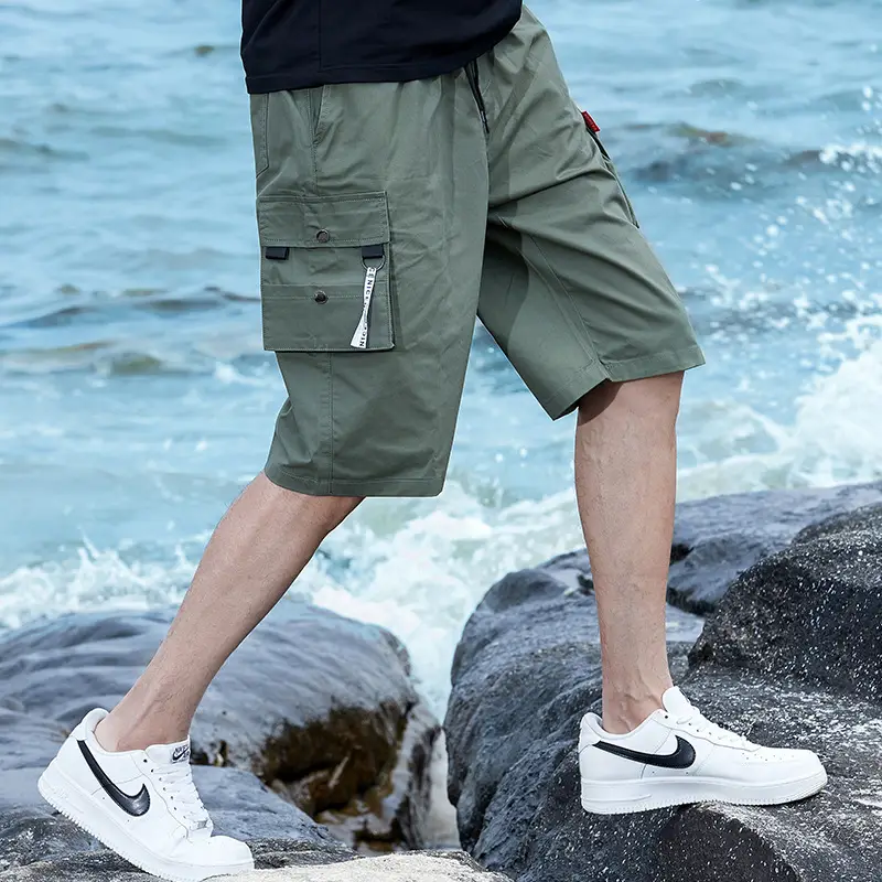 Men Black Cargo Shorts Summer Loose Fit Cotton Multi Pocket