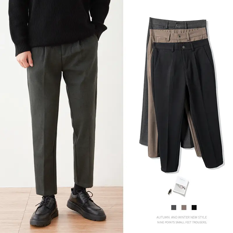 Men Woolen Slim Fit Ankle Pants Dark Gray Autumn Winter