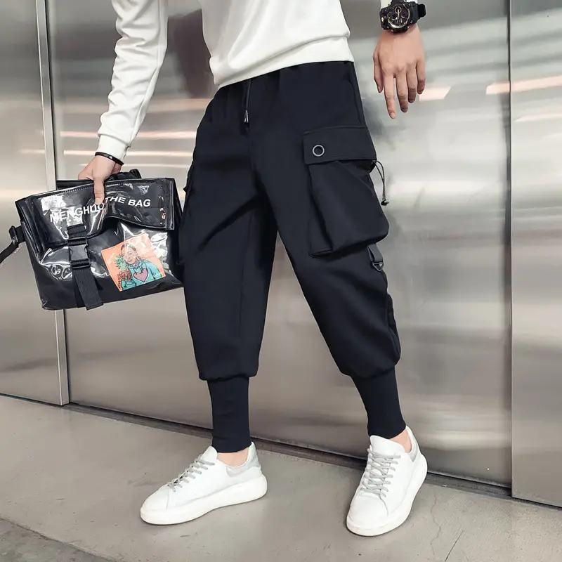 Men Black Multi-pocket Cargo Pants Spring Casual
