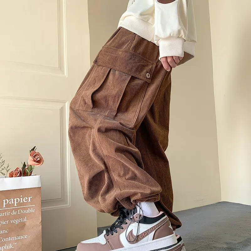Men Corduroy Pants M-Green Loose Fit Autumn