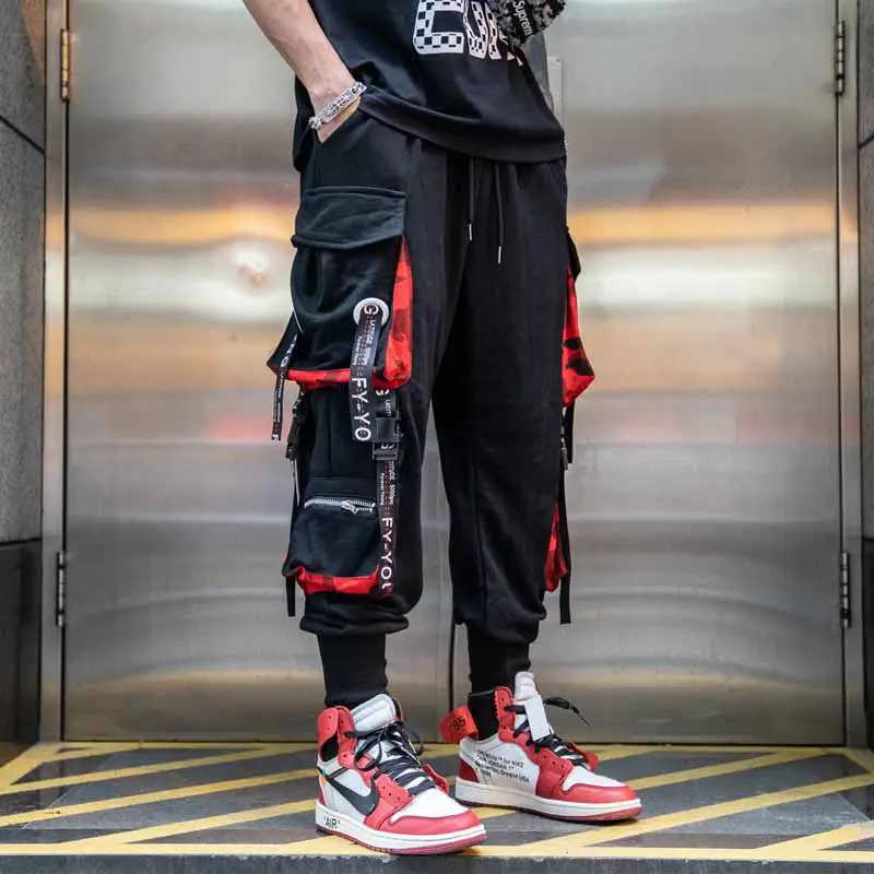 Men Loose Cargo Pants Red Black Winter Street Style