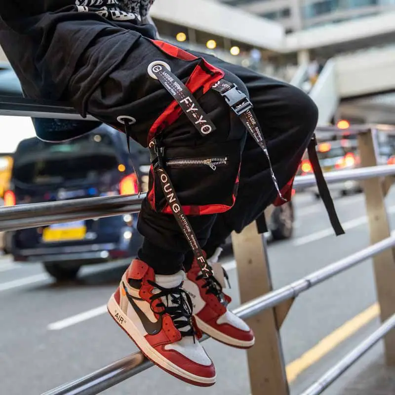 Men Loose Cargo Pants Red Black Winter Street Style