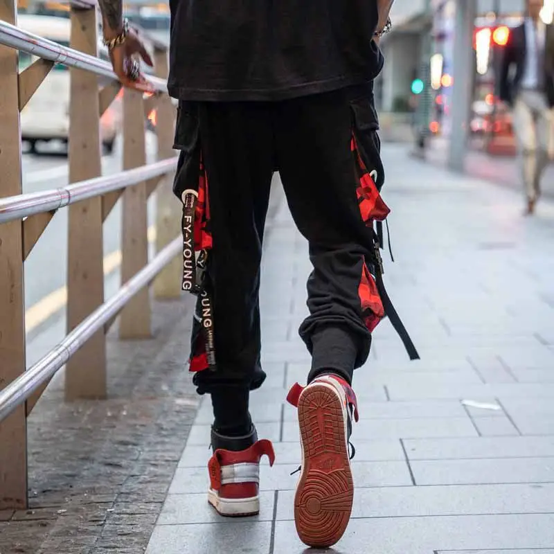 Men Loose Cargo Pants Red Black Winter Street Style
