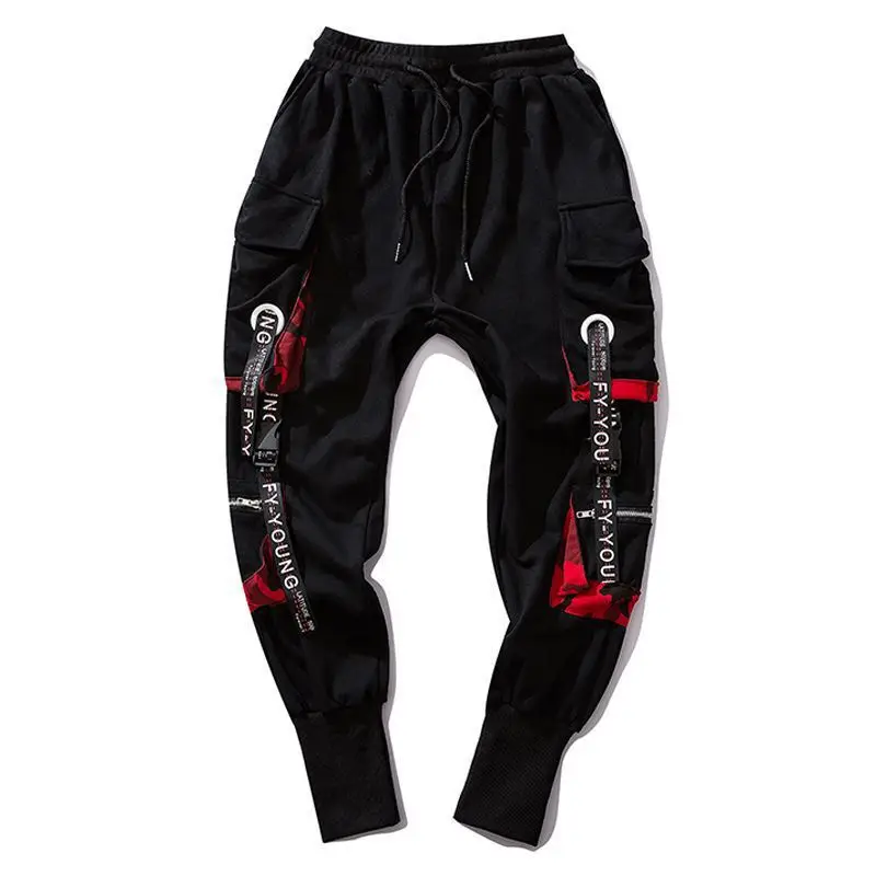 Men Loose Cargo Pants Red Black Winter Street Style