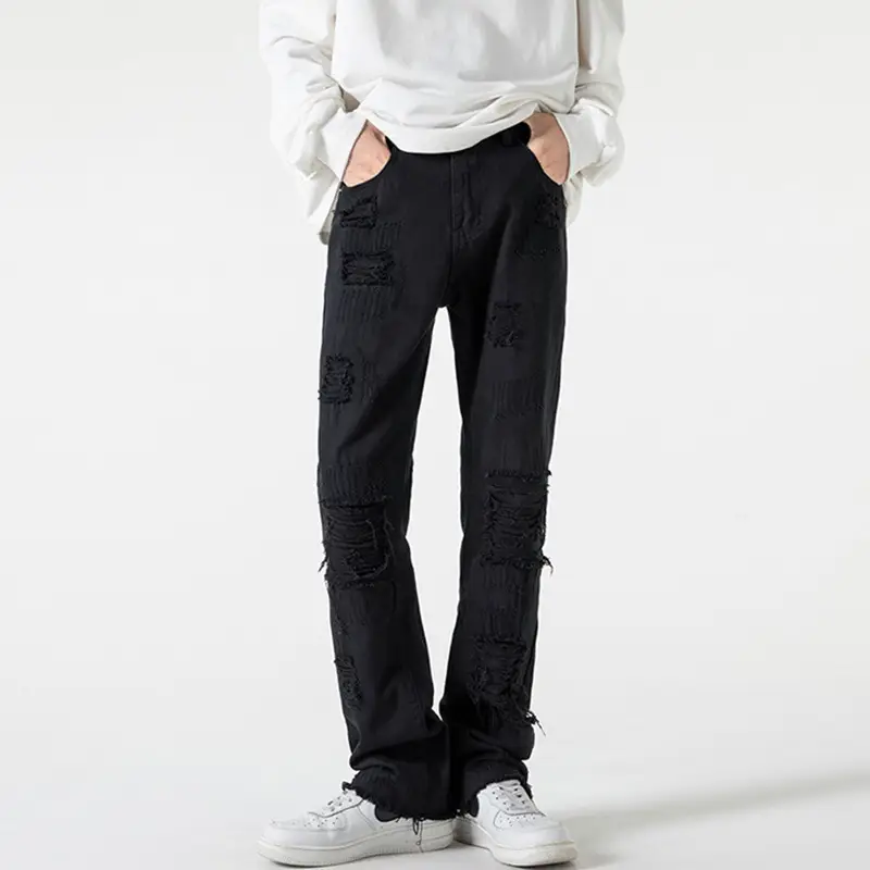Men Black Ripped Straight Jeans Autumn Casual