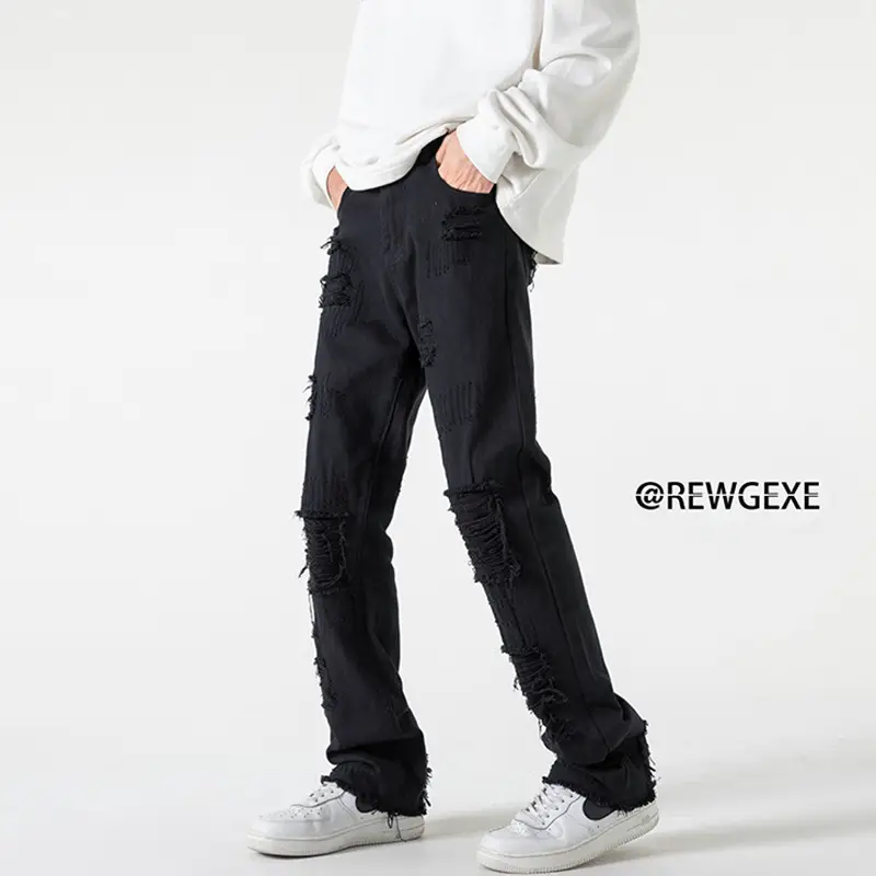Men Black Ripped Straight Jeans Autumn Casual