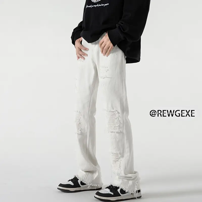 Men Black Ripped Straight Jeans Autumn Casual