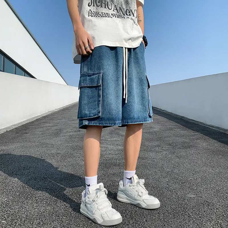 Men Denim Cargo Shorts Light Blue Summer