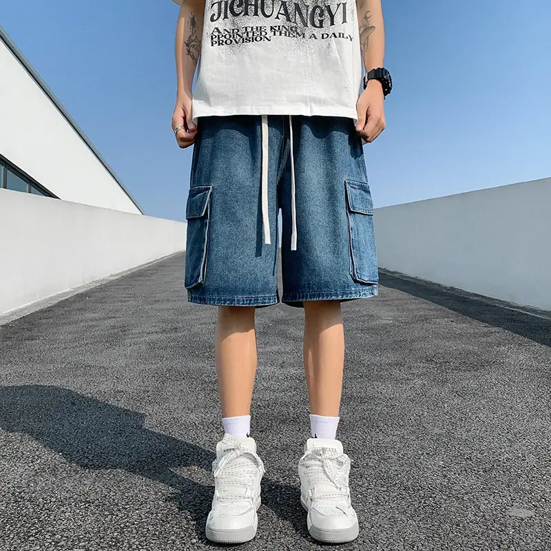 Men Denim Cargo Shorts Light Blue Summer