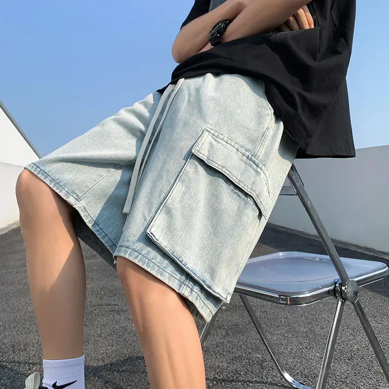 Men Denim Cargo Shorts Light Blue Summer