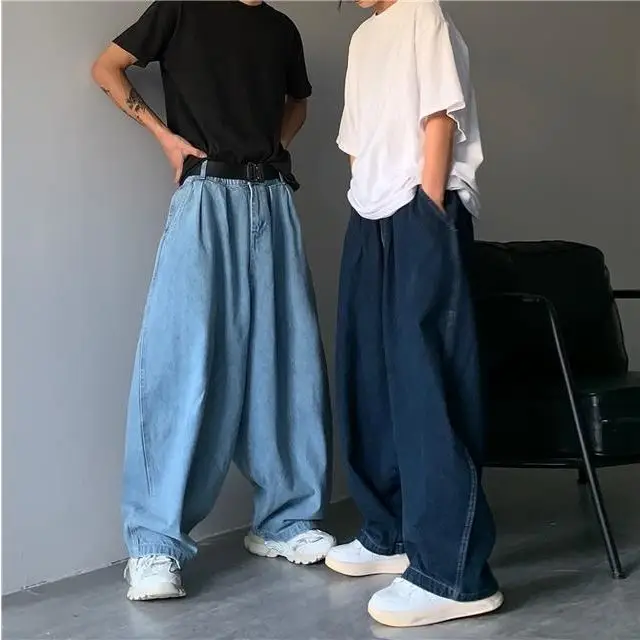 Men Loose Wide-leg Denim Trousers Light Blue