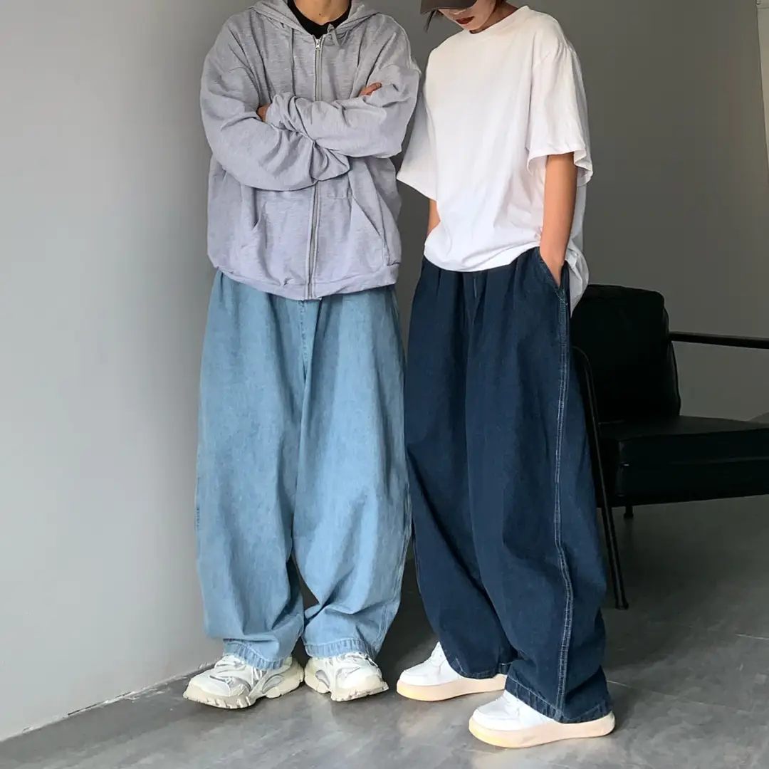 Men Loose Wide-leg Denim Trousers Light Blue