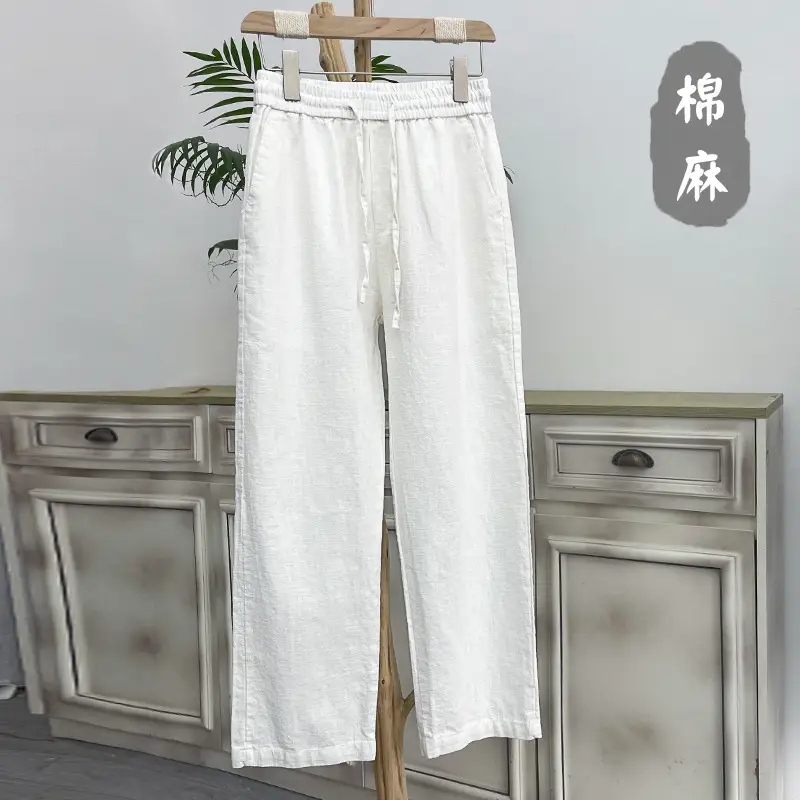 Men Loose Linen Wide Leg Pants White Plus Size Summer