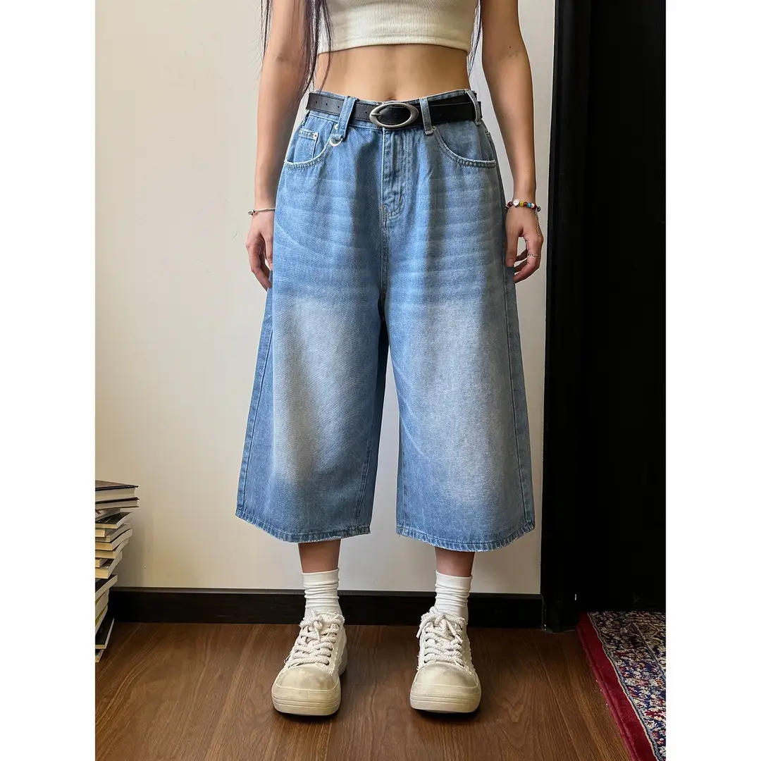 Men's Distressed Denim Cropped Pants S-Blue Trendy Modern