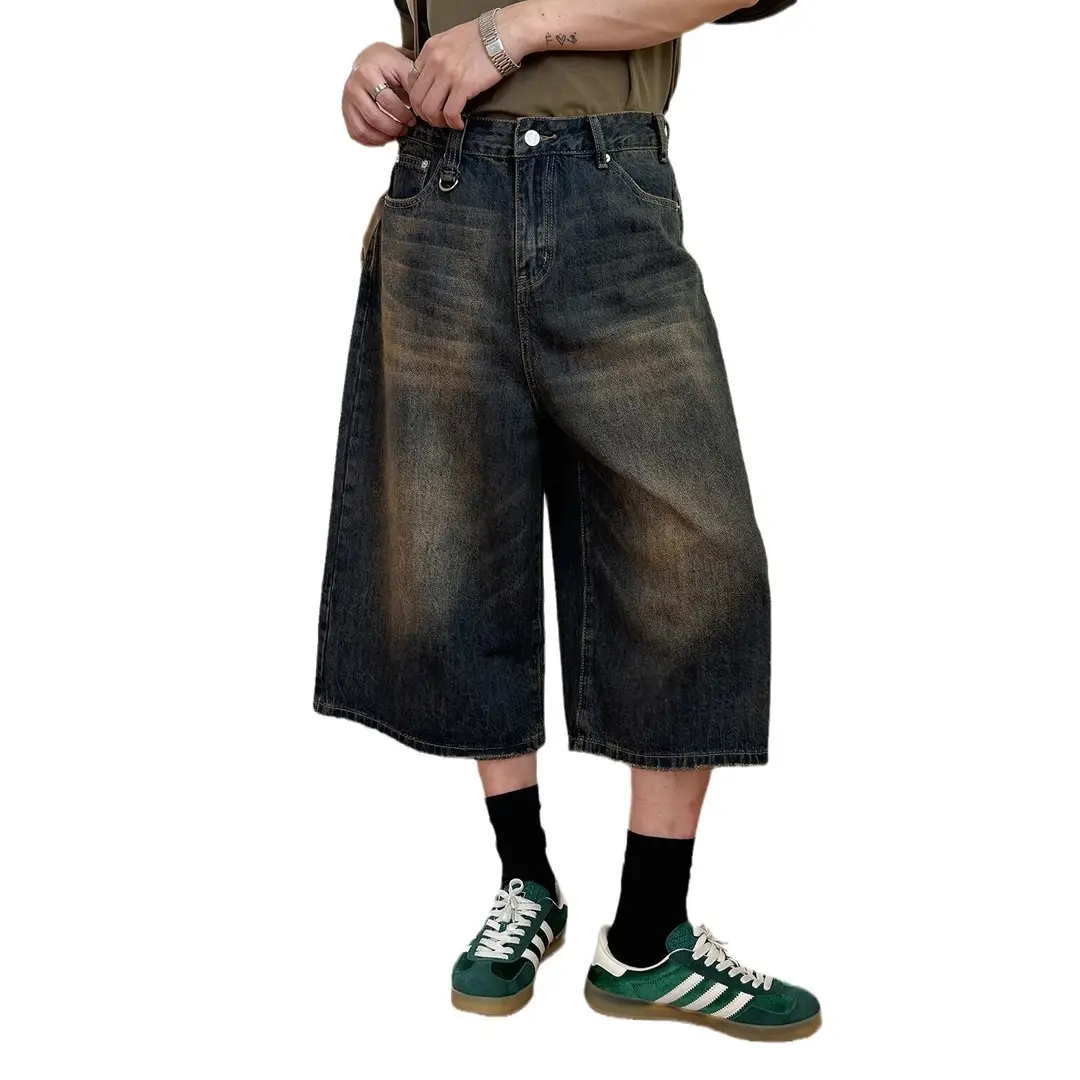 Men's Distressed Denim Cropped Pants S-Blue Trendy Modern