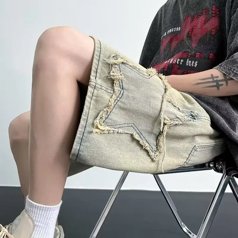 Men Washed Denim Shorts Loose Star Cut Summer