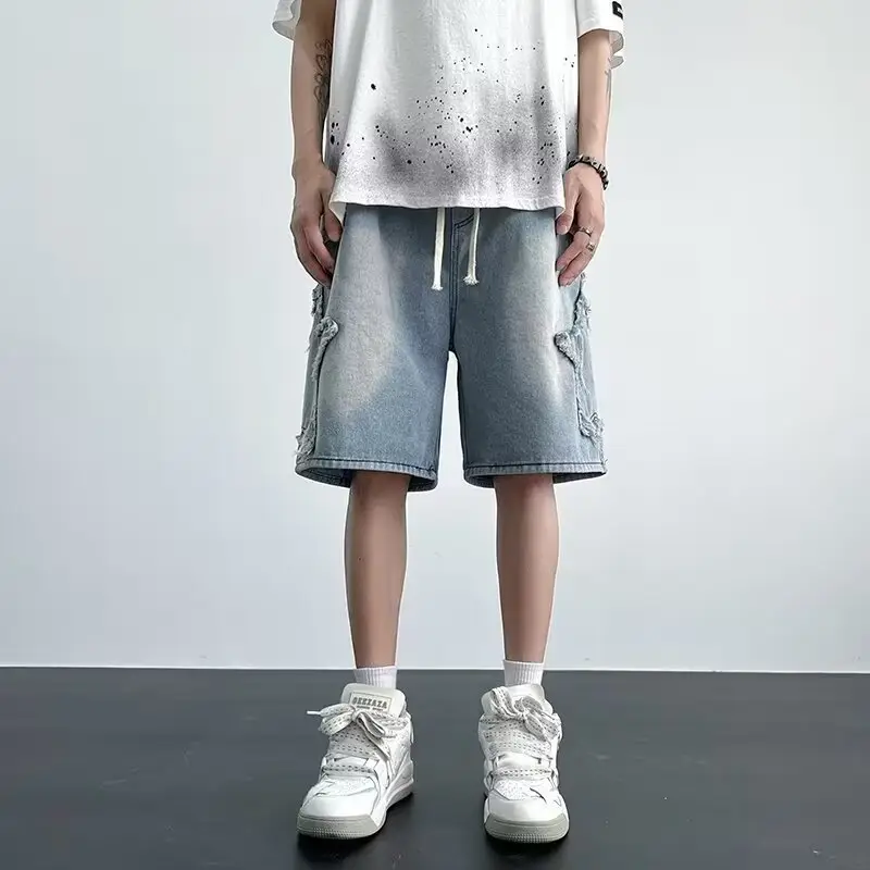 Men Washed Denim Shorts Loose Star Cut Summer