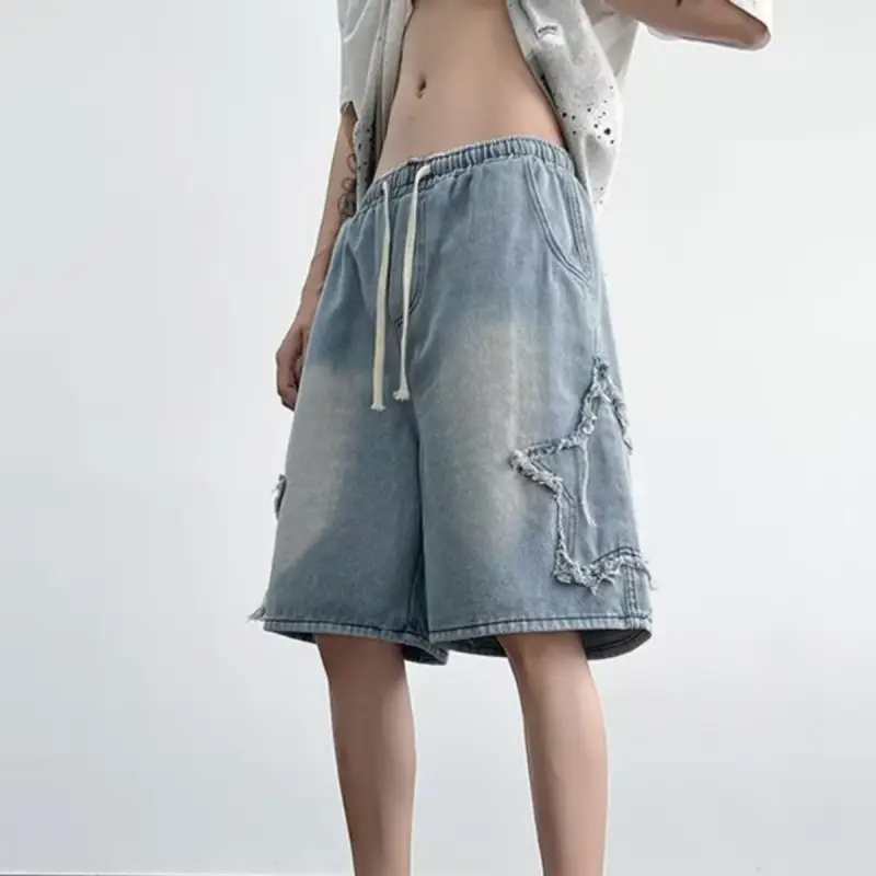 Men Washed Denim Shorts Loose Star Cut Summer