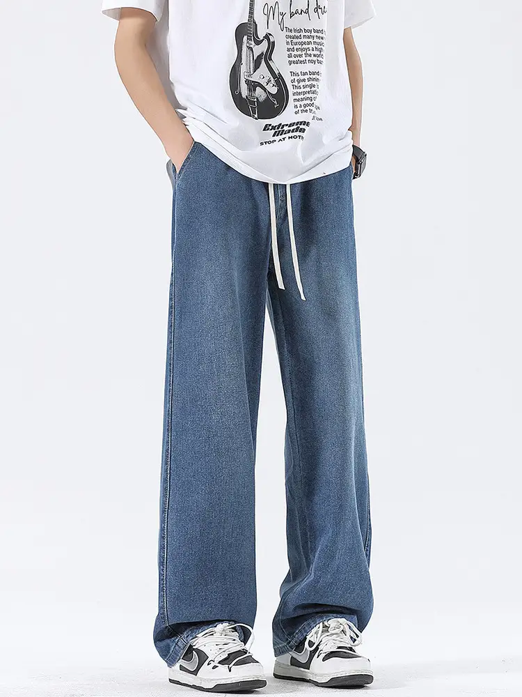 Wide Leg Jeans Blue Wash Drawstring Waist 2025