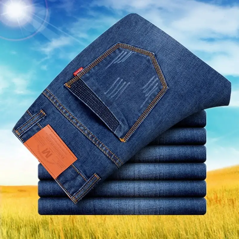 Men Plus Size Stretch Denim Jeans Loose Fit High Waist Casual Blue