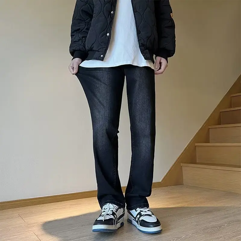Men Black Elastic Straight Fit Jeans Autumn