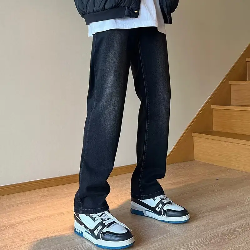 Men Black Elastic Straight Fit Jeans Autumn