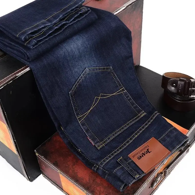 Men Stretch Denim Pants Plus Size Loose Casual Blue