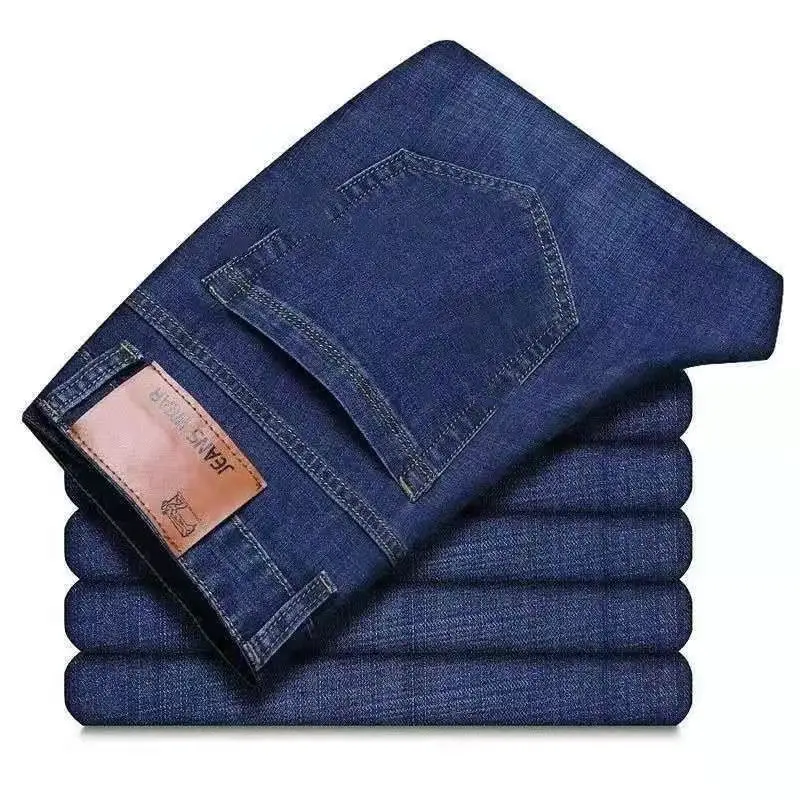 Men Stretch Denim Pants Plus Size Loose Casual Blue