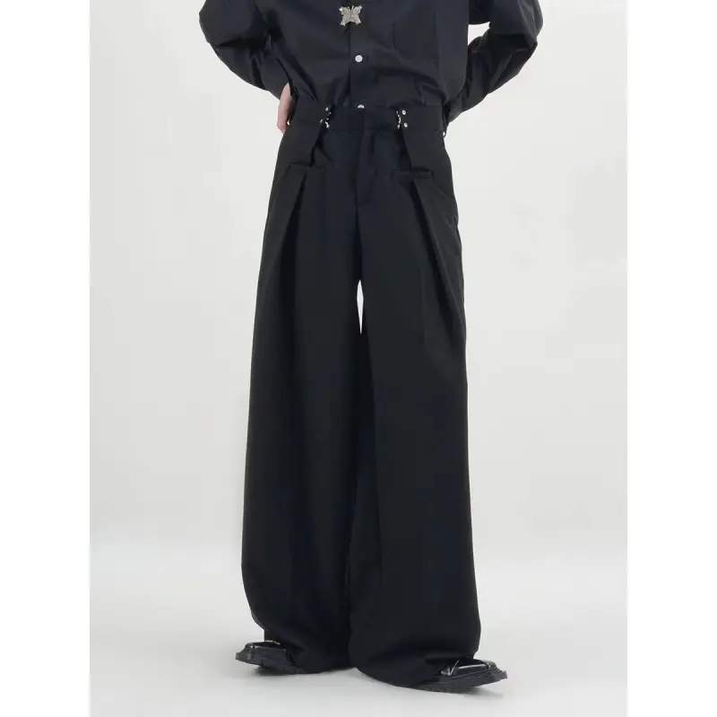 Men Black Wide Leg Casual Pants with Metal Buckle