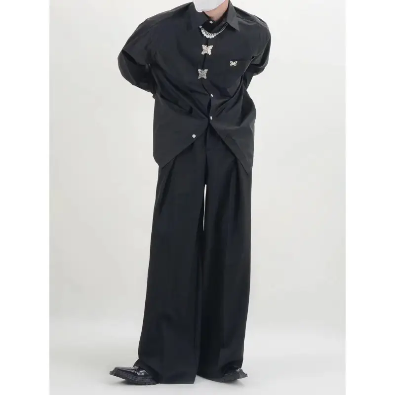 Men Black Wide Leg Casual Pants with Metal Buckle