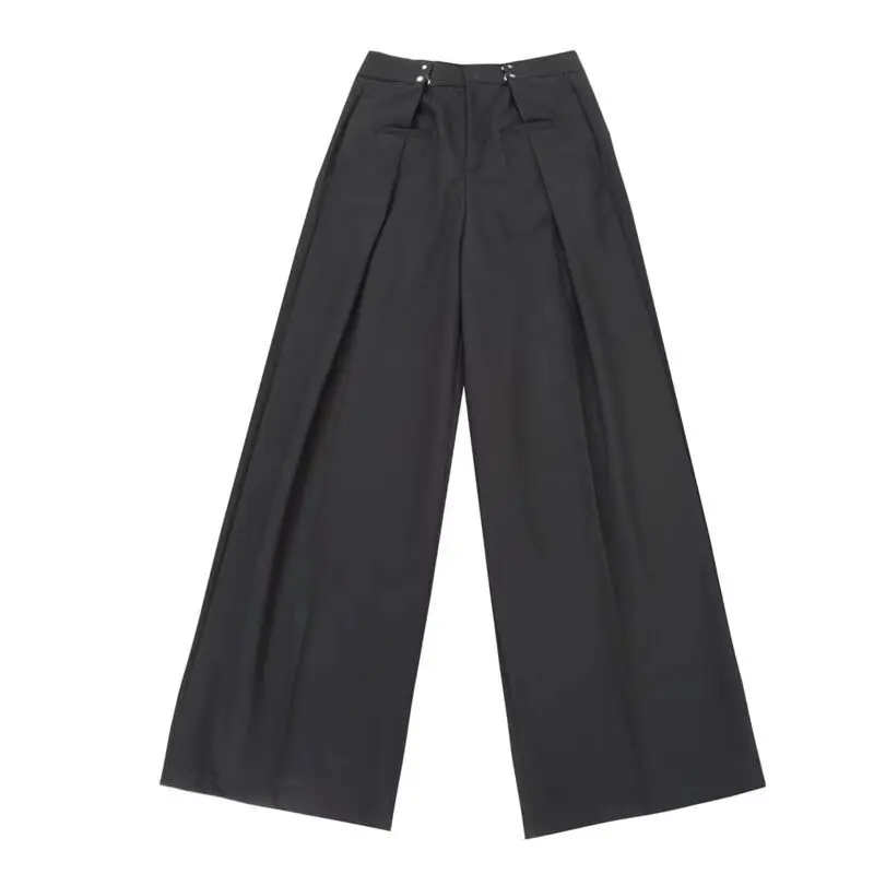 Men Black Wide Leg Casual Pants with Metal Buckle