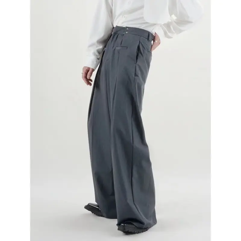 Men Black Wide Leg Casual Pants with Metal Buckle