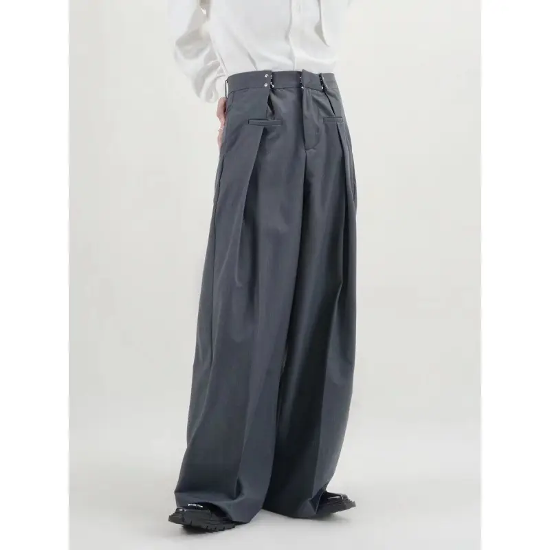Men Black Wide Leg Casual Pants with Metal Buckle