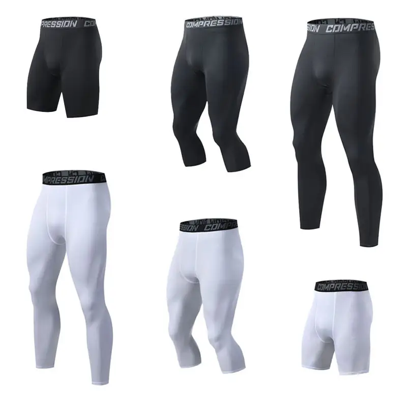 Men Compression Sports Pants White Black Cropped Training