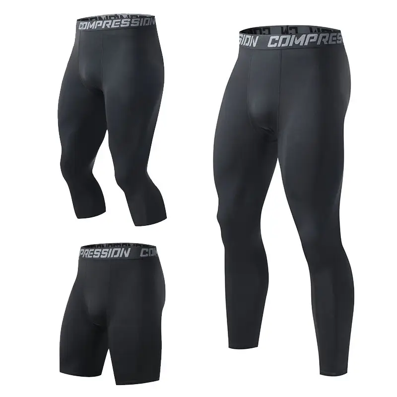 Men Compression Sports Pants White Black Cropped Training