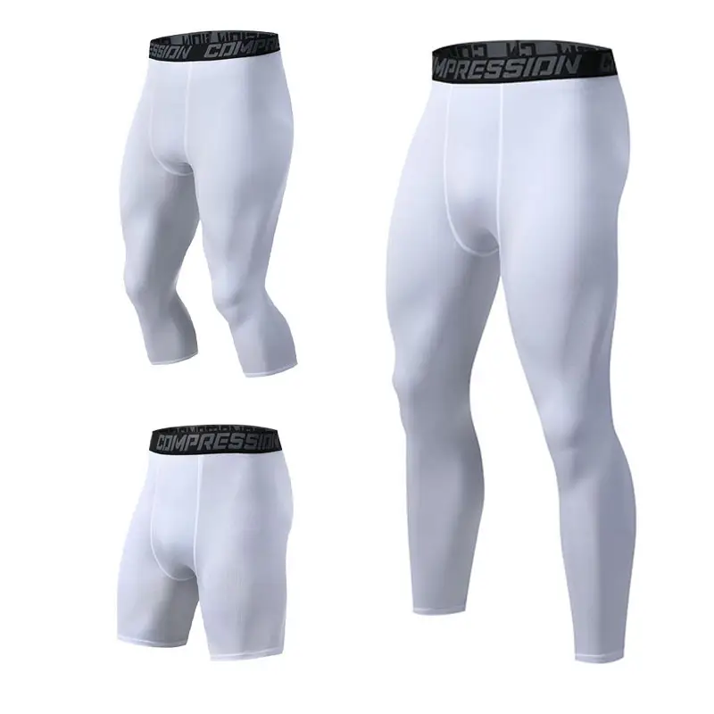 Men Compression Sports Pants White Black Cropped Training