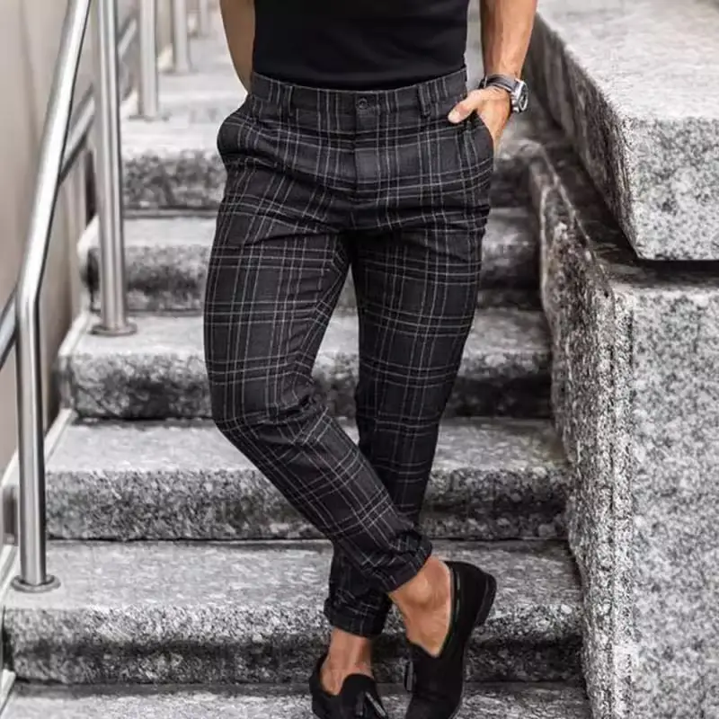 Men Plaid Casual Pants Black Summer Stylish