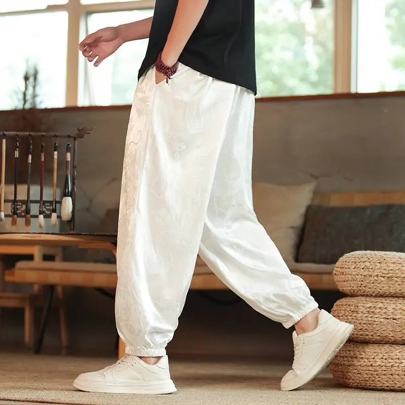 Men Dragon Print Loose Beach Pants Plus Size Dark Blue