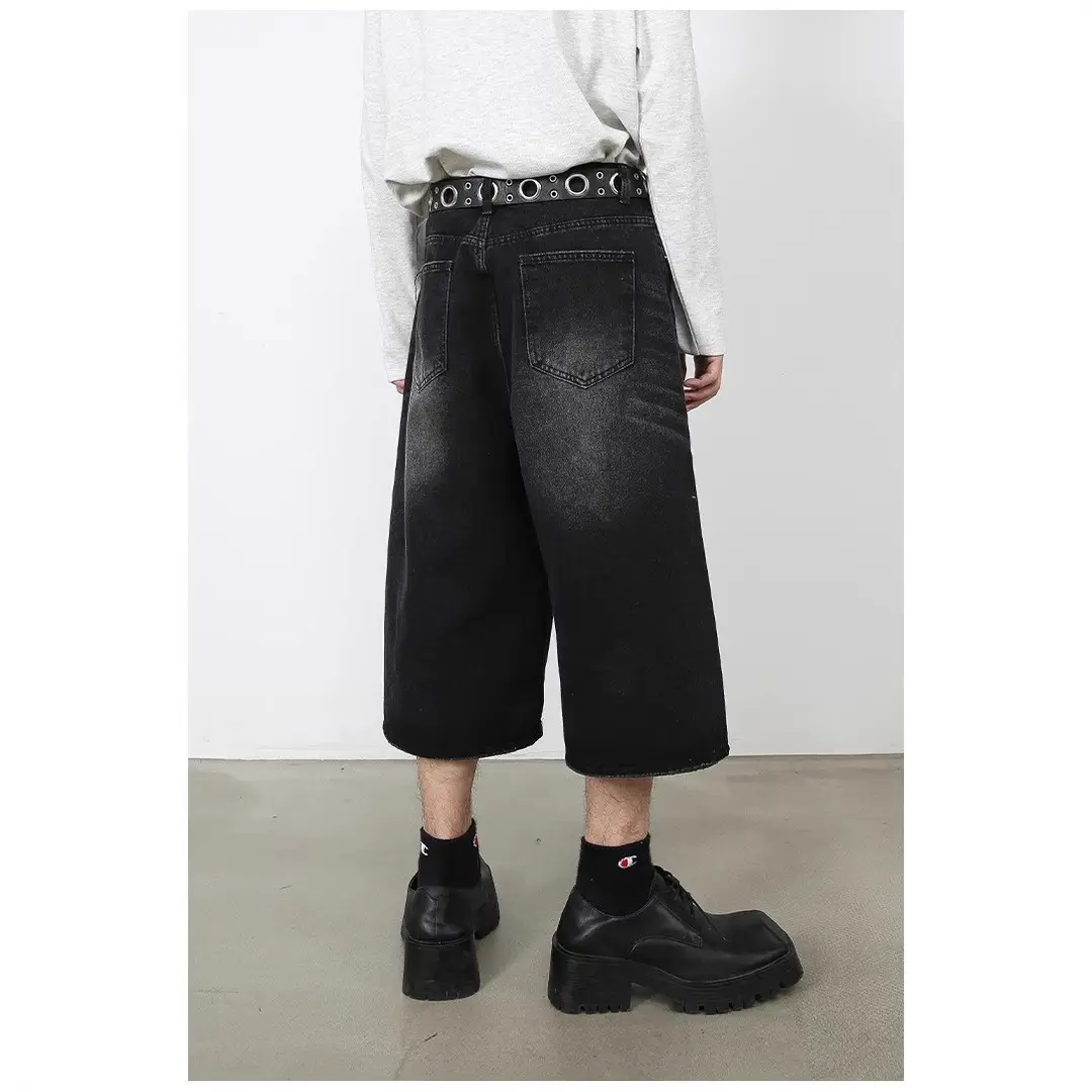 Men Loose Wide Leg Cropped Denim Shorts Dark Blue Summer