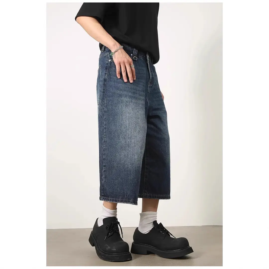 Men Loose Wide Leg Cropped Denim Shorts Dark Blue Summer