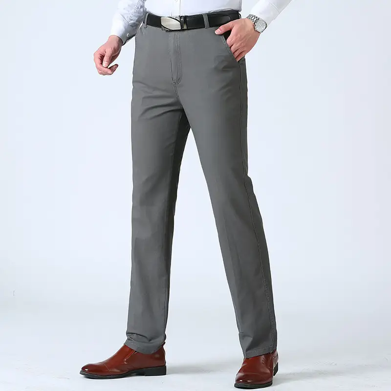 Men Cotton Casual Pants Grey Plus Size High Waist