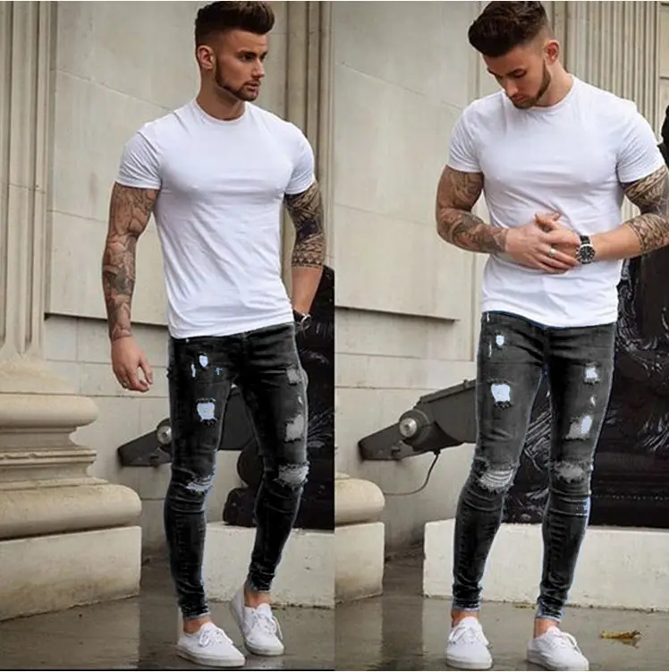 Men Slim Fit Ripped Denim Jeans White