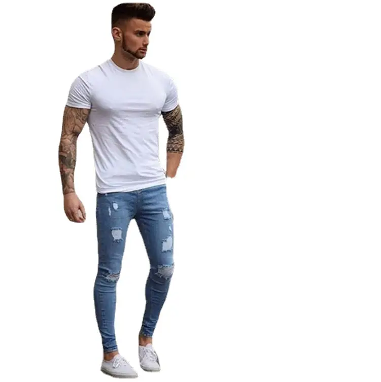 Men Slim Fit Ripped Denim Jeans White